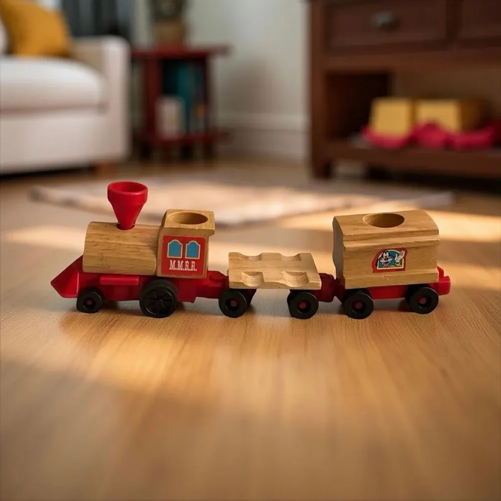 Vintage Mattel Disney Mickey Mouse Rail Road Train Wood & Plastic 3 Pc Set A41